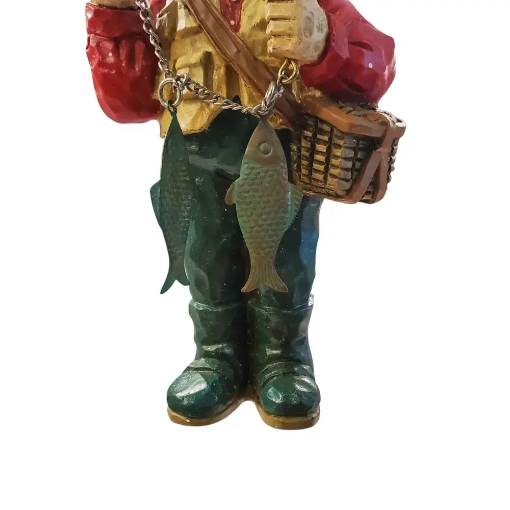 Vintage Fisherman Christmas Ornament Wood Hand Carved NEW OS Grandpa Dad